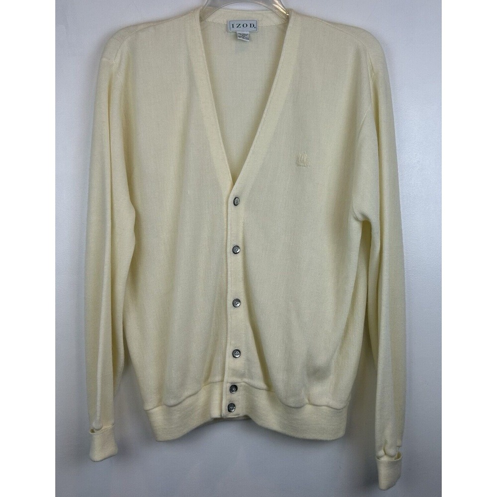 Vtg Izod Sweater Mens XL Cream Cardigan Made USA Crest Logo Grandpa Hipster